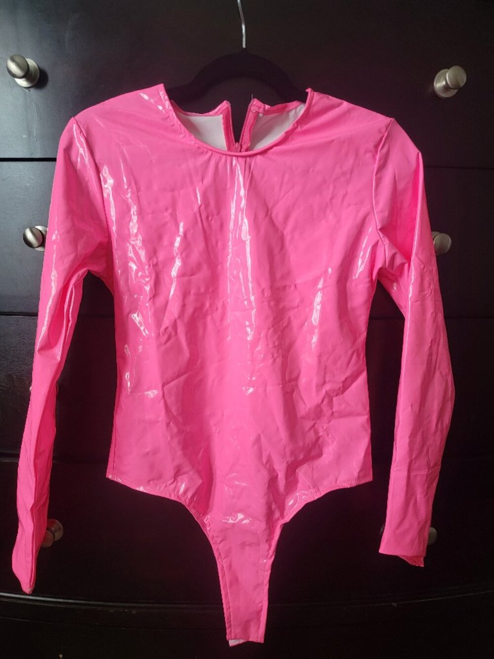 Wet look pink body suit!